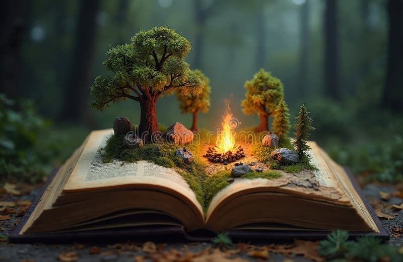 Libri magici aperti con foresta fatata sulle pagine. Bruciatura di alberi in miniatura sull'erba. Concetto mondiale di lettura fan fotografie stock