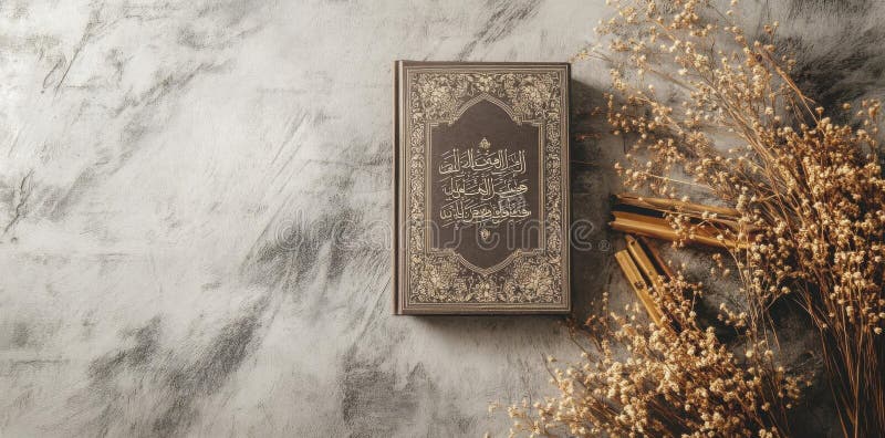 Libri sacri aperti poggiano su una superficie rustica con fiori secchi delicati immagini stock