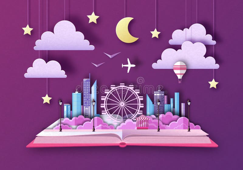 Libro abierto del cuento de hadas con paisaje y la noria de la ciudad Dise?o cortado del estilo del arte del papel ilustración del vector Libro abierto del cuento de hadas con paisaje y la noria de la ciudad Dise?o cortado del estilo del arte del papel ilustración del vector