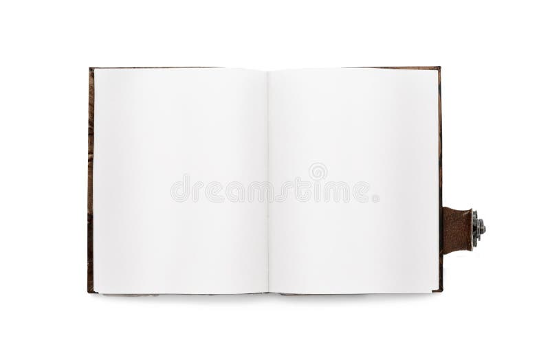 Libro aperto con i white pages, con un segnalibro In grippaggio di cuoio con lo zmkom Isolato Vista superiore d'annata