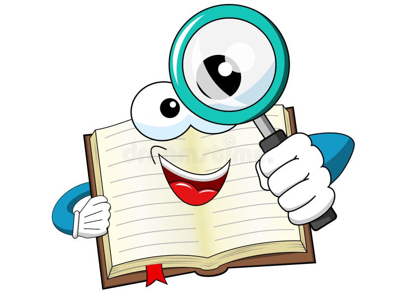 Libro aperto della mascotte che guarda lente d'ingrandimento isolata illustrazione vettoriale Libro aperto della mascotte che guarda lente d'ingrandimento isolata illustrazione vettoriale