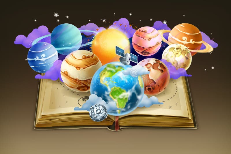 Libro con il fondo dei pianeti royalty illustrazione gratis Libro con il fondo dei pianeti royalty illustrazione gratis