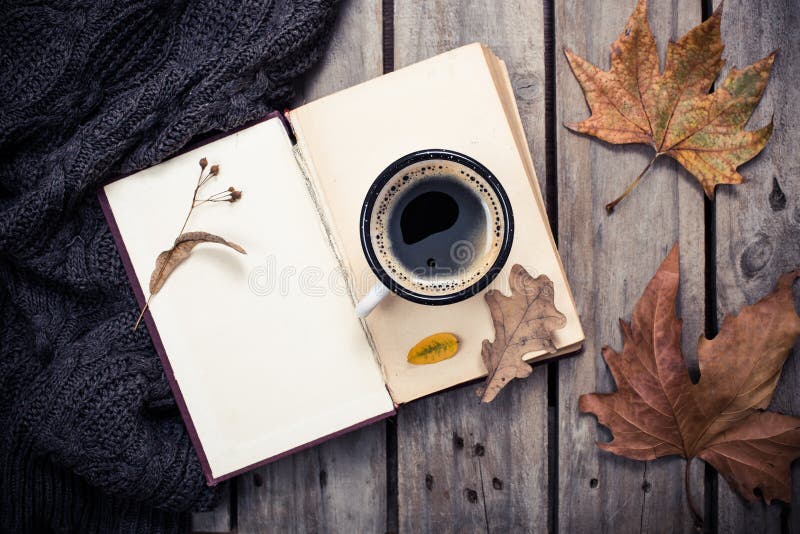 Libro d'annata, maglione tricottato con le foglie di autunno e tazza da caffè immagini stock