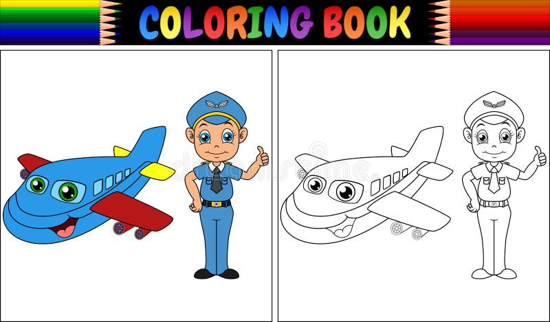 Libro da colorare con il bambino e l'aeroplano pilota