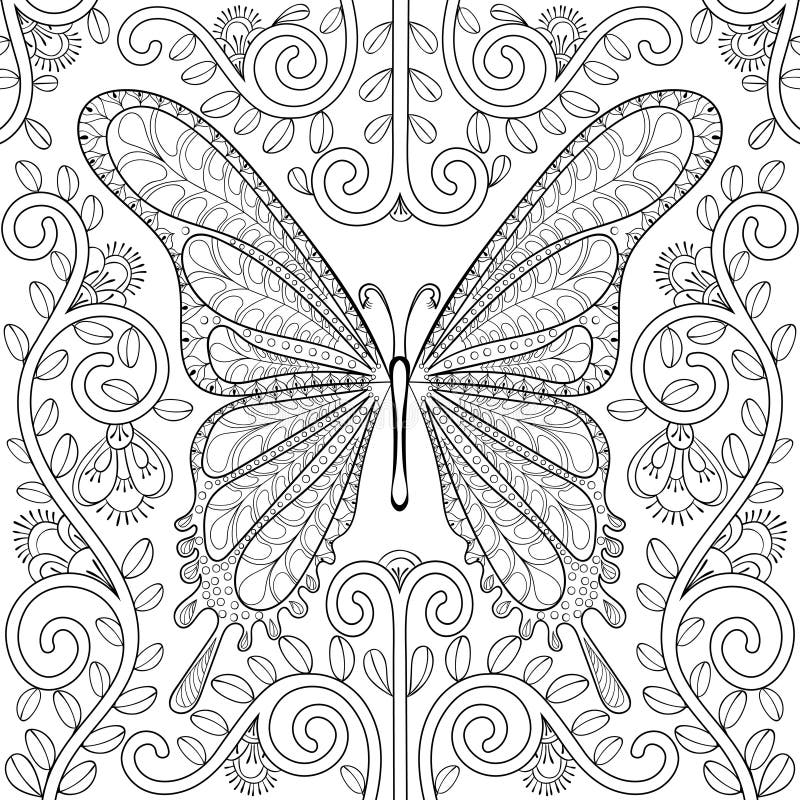 Libro de colorear adulto con la mariposa en páginas de las flores, zentangle v