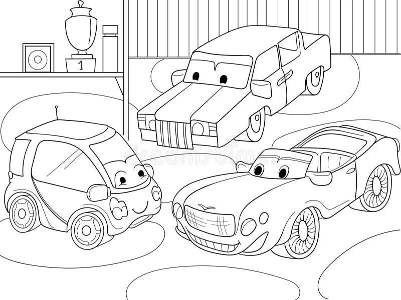 Libro de colorear de la historieta de los niños para los muchachos Vector el ejemplo de un garaje con los coches vivos libre illustration Libro de colorear de la historieta de los niños para los muchachos Vector el ejemplo de un garaje con los coches vivos libre illustration