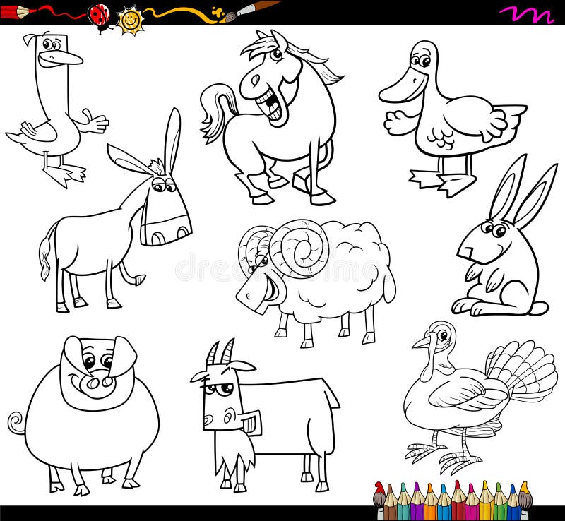 Coloring Book Cartoon Illustration Collection of Farm Animals Characters. Coloring Book Cartoon Illustration Collection of Farm Animals Characters