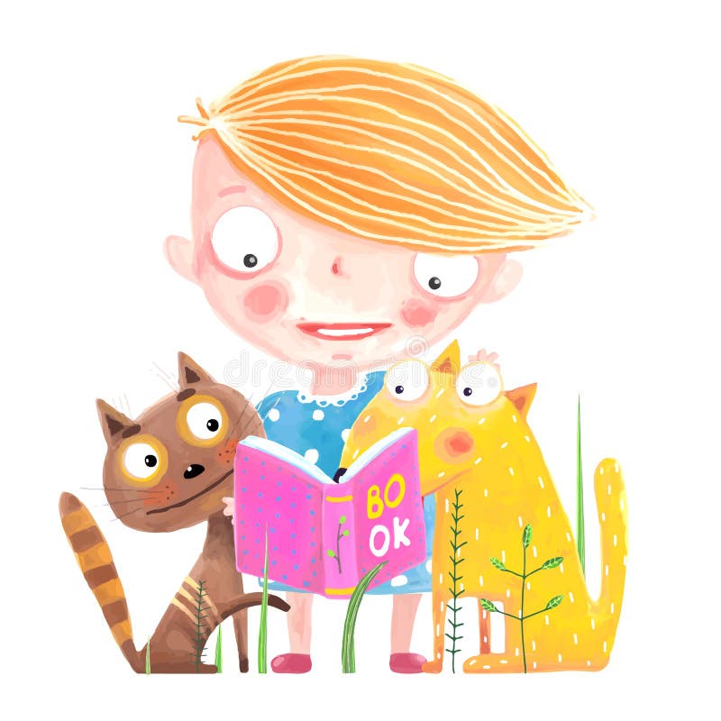 Libro de lectura del gato y del perro de la muchacha libre illustration Libro de lectura del gato y del perro de la muchacha libre illustration