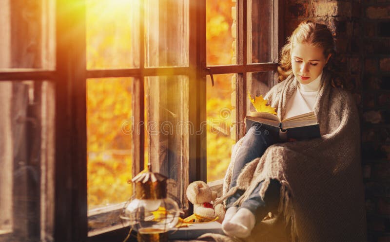 Libro de lectura feliz de la mujer joven por la ventana en caída fotos de archivo