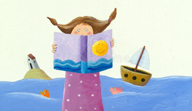 Libro di lettura della bambina sulla costa