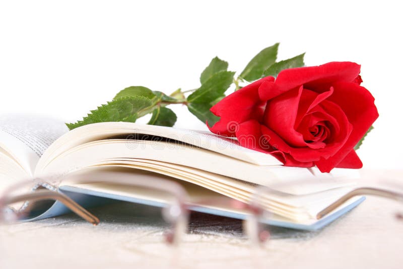 Libro e rosa rossa alle pagine del libro su fondo bianco con i glas immagine stock Libro e rosa rossa alle pagine del libro su fondo bianco con i glas immagine stock