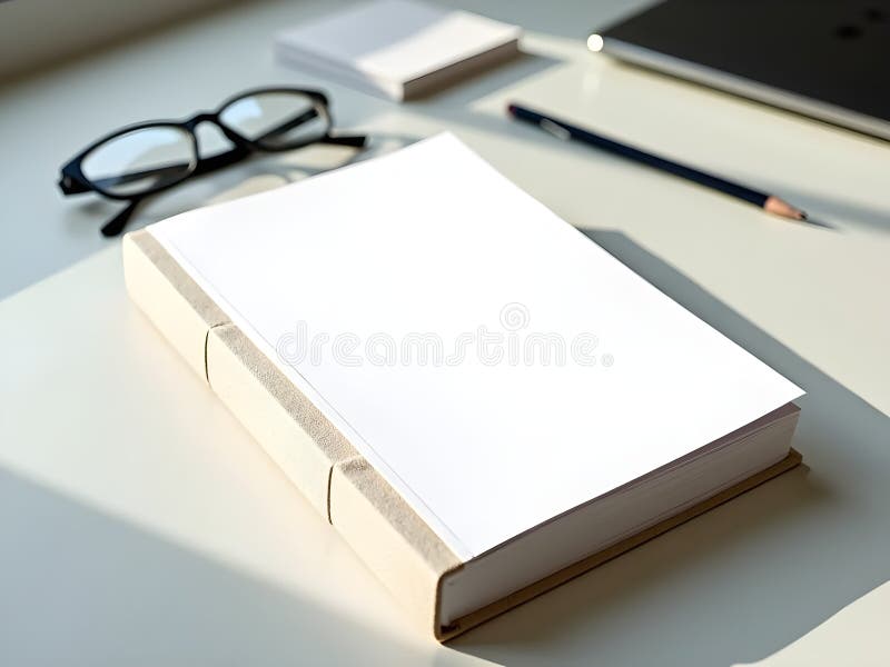 Libro en blanco de tapa dura sobre escritorio minimalista con gafas y lápiz stock de ilustración