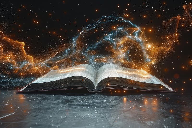 Libro magico aperto con pagine luminose. immagini stock