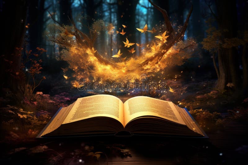 Libro magico aperto invecchiato. generare i fotografie stock