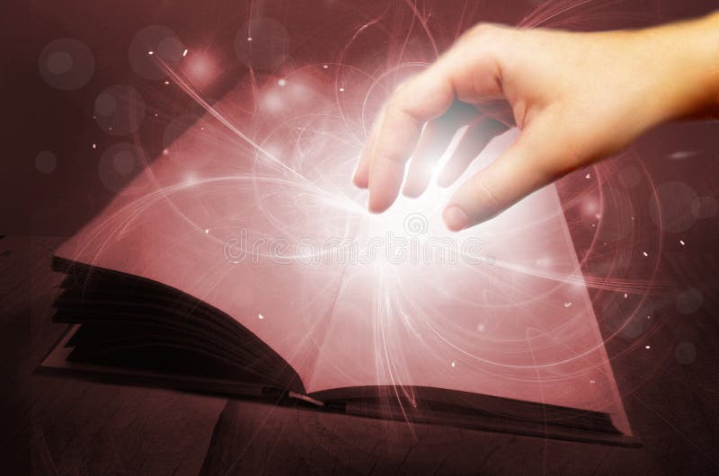 Libro mágico con la mano libre illustration Libro mágico con la mano libre illustration