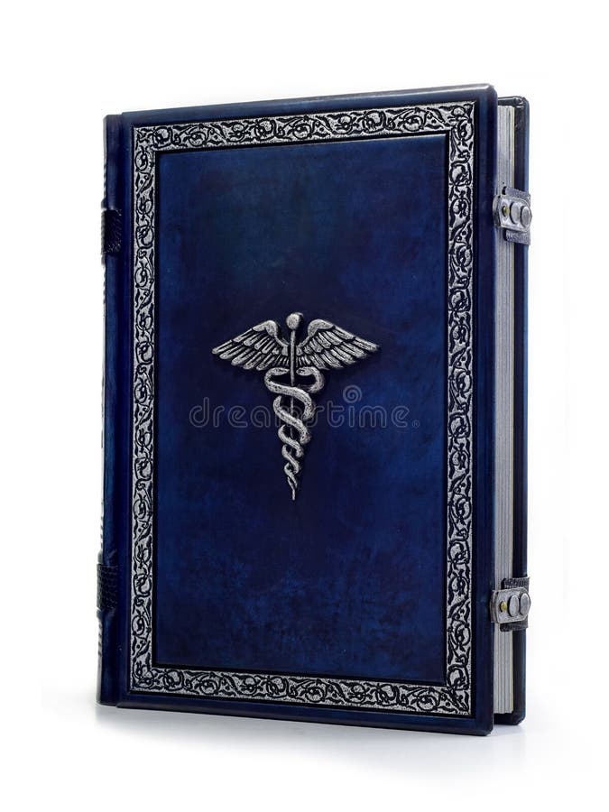 Libro médico encuadernado del cuero azul con el caduceo plateado imagen de archivo Libro médico encuadernado del cuero azul con el caduceo plateado imagen de archivo