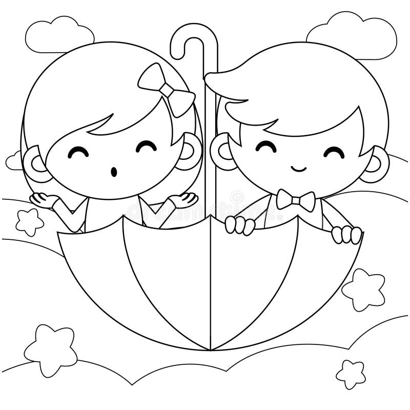  Libro Para Colorear Para Niños. Dibujos Animados Niño Y Niña Montar Paraguas Volador Vector Ilustración Ilustración del Vector