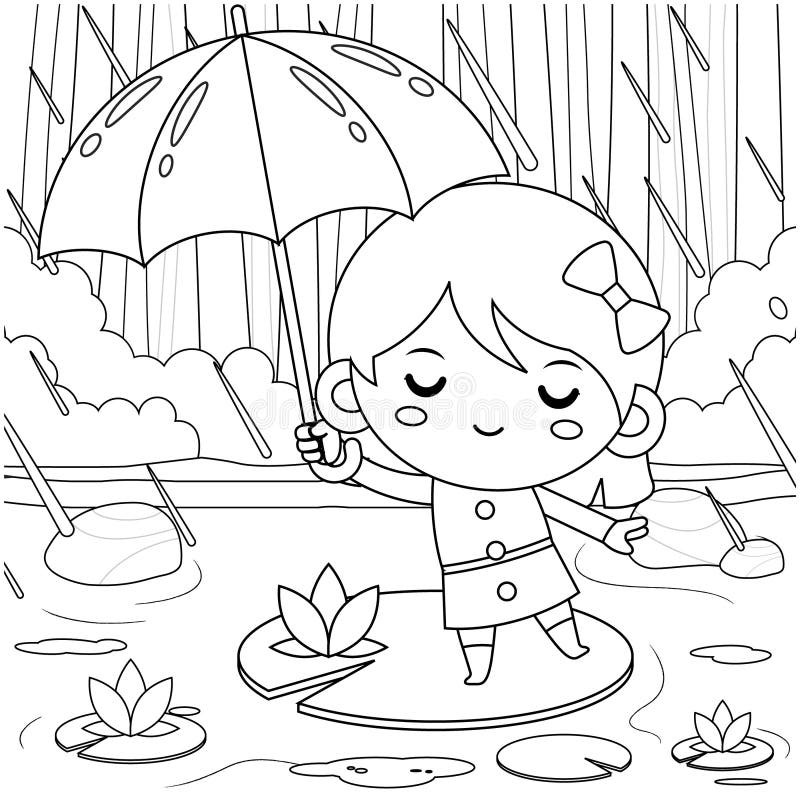  Libro Para Colorear Para Niños. Linda Niña En El Estanque Escondiéndose Bajo El Paraguas Durante La Lluvia Tiempo Dibujos Animados Ilustración del Vector