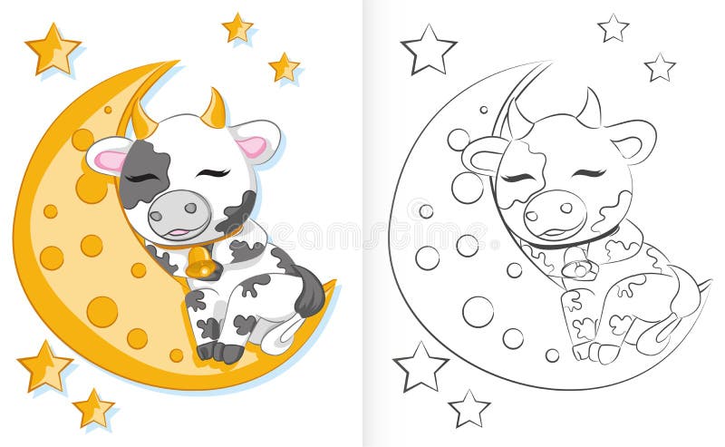 Libro Para Colorear Para Niños Lindo Toro De Dibujos Animados Está Durmiendo  En La Luna Ilustración del Vector - Ilustración de postal, adorable:  208191176