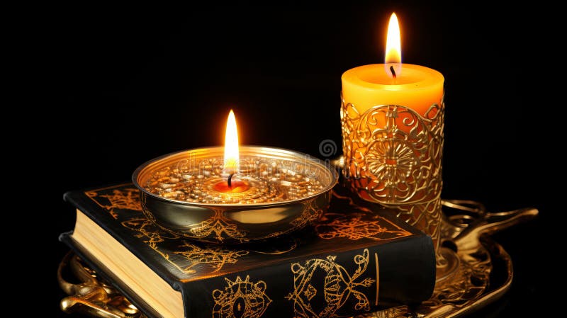 Mystical ritual book and burning candles on table in dark room for occult practices and witchcraft. High quality photo AI generated. Mystical ritual book and burning candles on table in dark room for occult practices and witchcraft. High quality photo AI generated