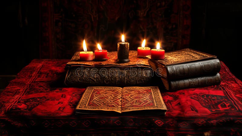 Mystical ritual book and burning candles on table in dark room for witchcraft and occult practices. High quality photo AI generated. Mystical ritual book and burning candles on table in dark room for witchcraft and occult practices. High quality photo AI generated
