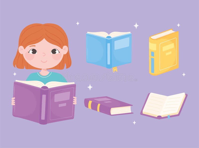  Libros Chica Leer Libro Y Varios Libros De Texto Aprender Dibujos Animados Ilustración del Vector