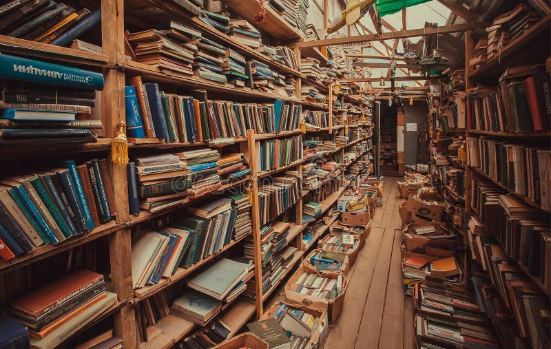 Libros con literatura y manuales en los estantes de la librería del vintage
