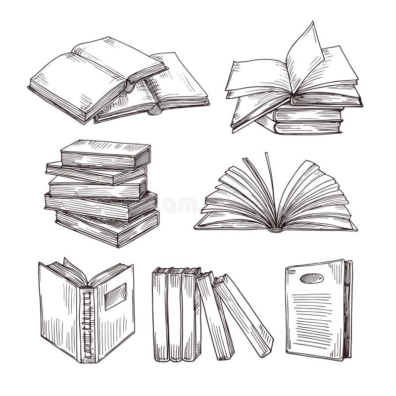 Sketch books. Ink drawing vintage open book and books pile. School education and library doodle vector symbols. Education book sketch, pile of literature drawing illustration. Sketch books. Ink drawing vintage open book and books pile. School education and library doodle vector symbols. Education book sketch, pile of literature drawing illustration