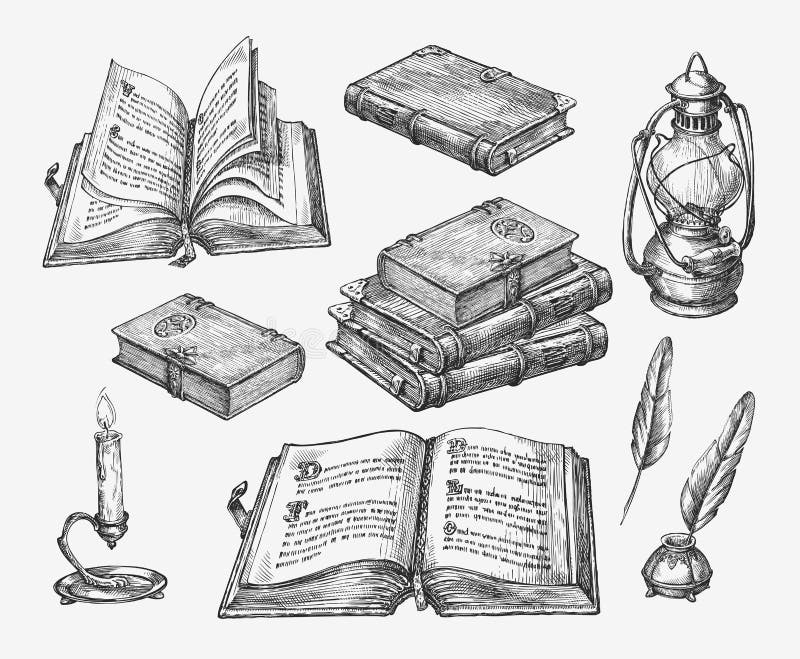 Libros a mano del vintage Literatura de la escuela vieja del bosquejo Ilustración del vector
