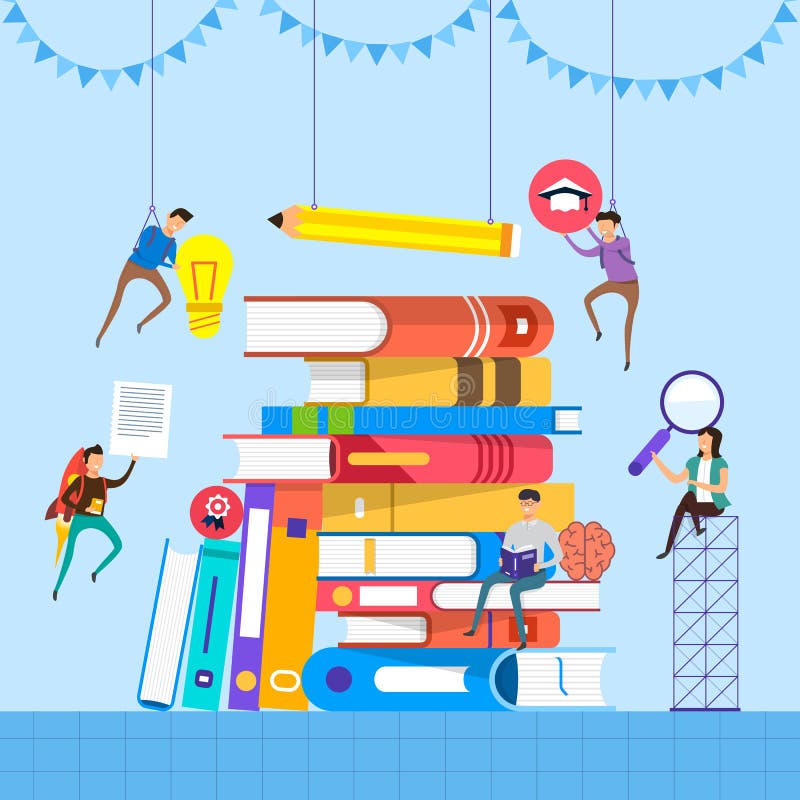 Libros planos del concepto de diseño Educación y aprendizaje con de los libros stock de ilustración Libros planos del concepto de diseño Educación y aprendizaje con de los libros stock de ilustración