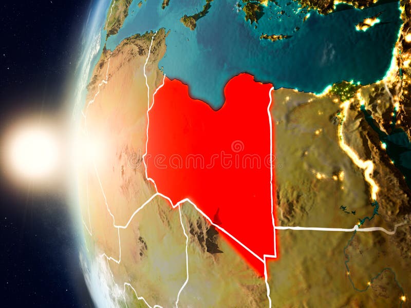 Libyen under solnedgång på jord. Den satellit- sikten av Libyen markerade i rött på planetjord med moln, och det synliga landet gränsar under solnedgång illustration 3d Beståndsdelar av denna avbildar möblerat av NASA