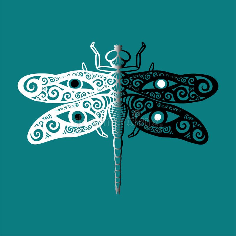 A libélula estilizado em preto e branco com swirly as asas projeta e os olhos humanos em suas asas no espírito animal do totem az ilustração royalty free A libélula estilizado em preto e branco com swirly as asas projeta e os olhos humanos em suas asas no espírito animal do totem az ilustração royalty free