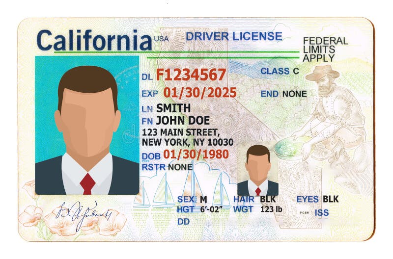 Licencji kierowcy california wypełnionej informacjami ogólnymi