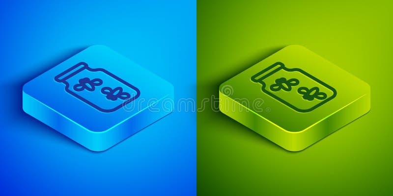 Licerine izometrice în linie într-o pictogramă de borcan izolată pe fond albastru și verde. buton pătrat. vector royalty free illustration
