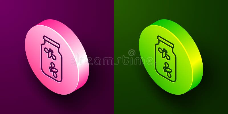 Licerine izometrice în linie într-o pictogramă de borcan izolată pe fond violet și verde. buton cerc. vector vector illustration