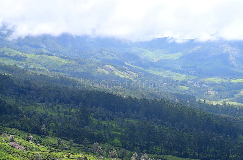 Licht en Schaduw in Vallei met Groen Al rond - Groene Aarde met Bergen en Witte Wolken - Natuurlijke Achtergrond van Kerala royalty-vrije stock afbeeldingen Licht en Schaduw in Vallei met Groen Al rond - Groene Aarde met Bergen en Witte Wolken - Natuurlijke Achtergrond van Kerala royalty-vrije stock afbeeldingen