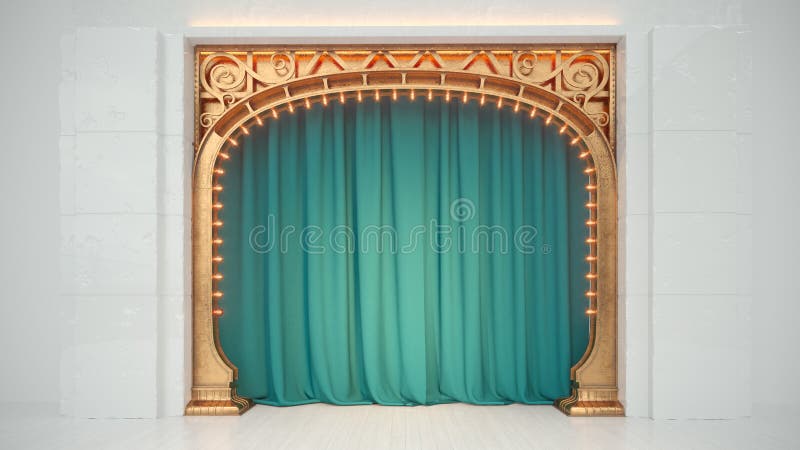 Bright white empty cabaret or comedy club stage with green curtain and art nuovo arch. 3d render. Bright white empty cabaret or comedy club stage with green curtain and art nuovo arch. 3d render.