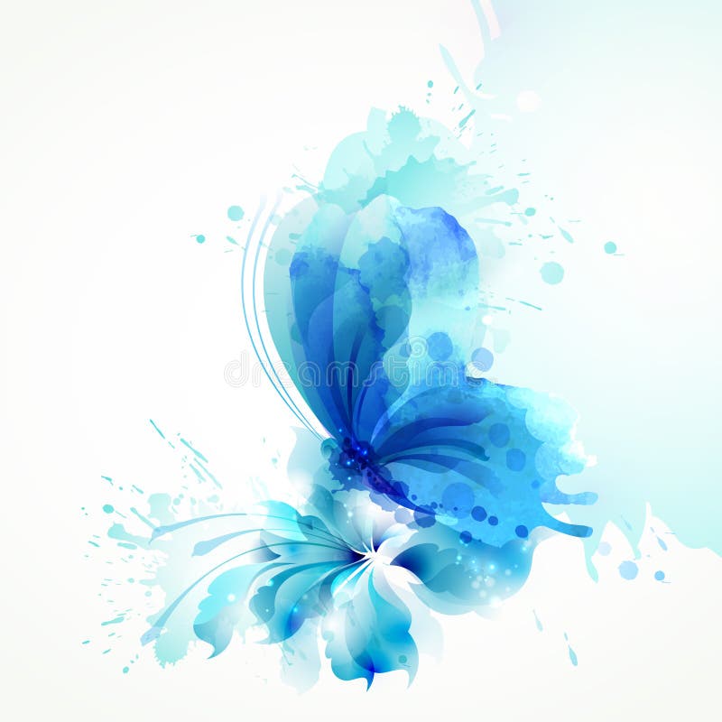 Lichtdurchlässiger Schmetterling der schönen Aquarellzusammenfassung auf der blauen Blume auf dem weißen Hintergrund Lichtdurchlässiger Schmetterling der schönen Aquarellzusammenfassung auf der blauen Blume auf dem weißen Hintergrund