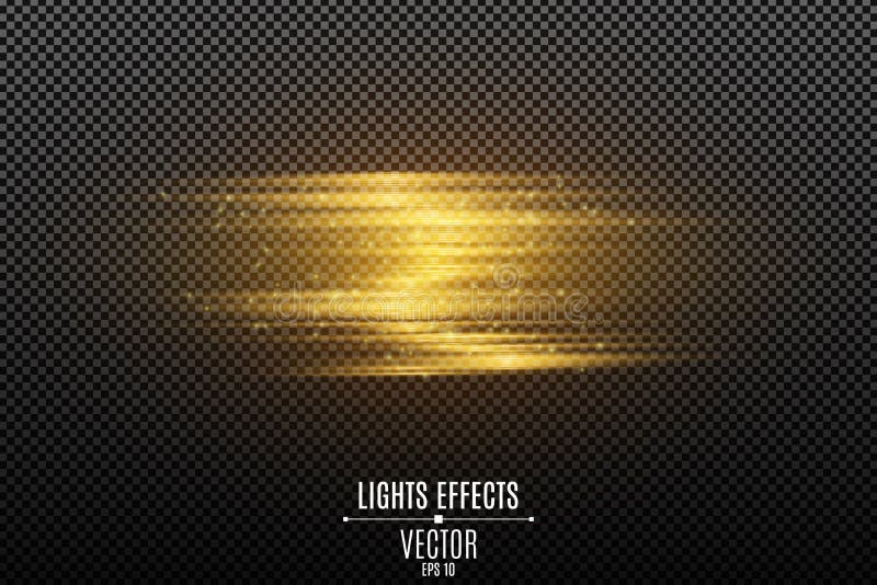 Light effect of golden neon lines isolated on transparent background. Light distortion. Neon vibrations. Flying glowing particles. Vector illustration. EPS 10. Light effect of golden neon lines isolated on transparent background. Light distortion. Neon vibrations. Flying glowing particles. Vector illustration. EPS 10