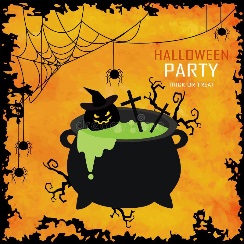 Lichtoranje de groetkaart van liefdehalloween met spook, pot, skeleto stock illustratie Lichtoranje de groetkaart van liefdehalloween met spook, pot, skeleto stock illustratie