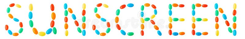 Sunscreen lettering made of multicolored candies on white background. Sunscreen lettering made of multicolored candies on white background