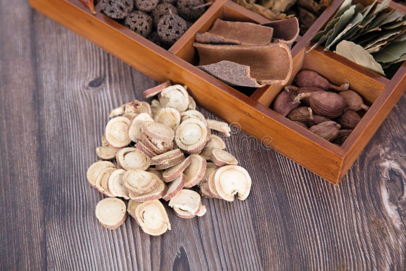 Licorice Tablets beside Traditional Chinese Medicine Box Stock Image