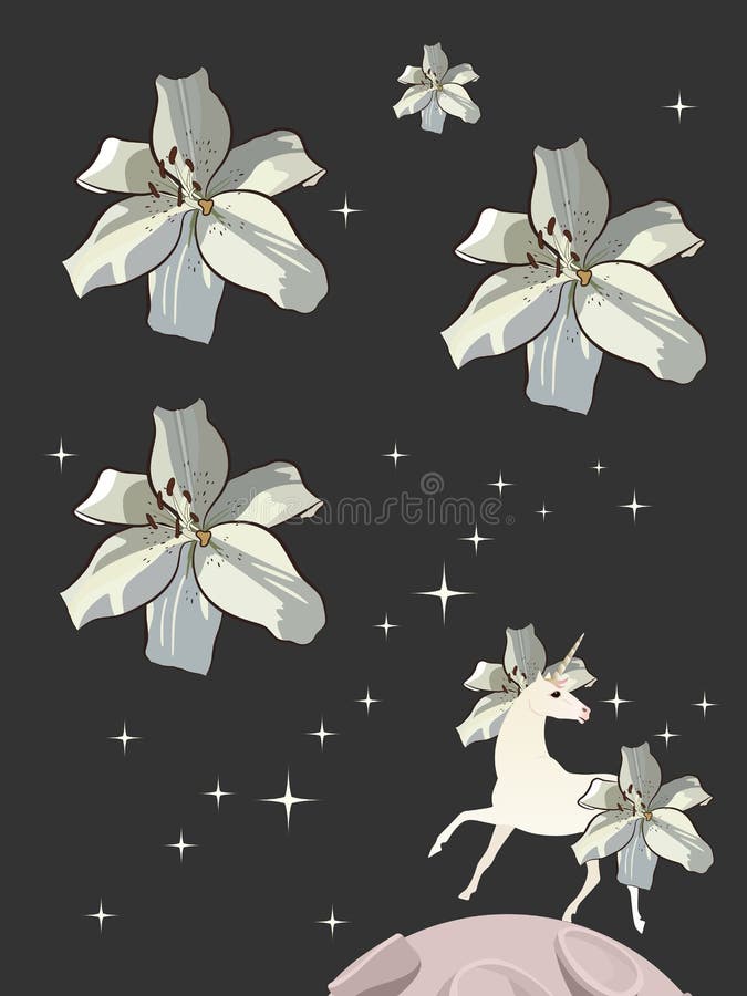 Licorne blanche avec la crinière et la queue dans la forme des lis sur le fond de ciel nocturne avec les étoiles éclatantes sous illustration stock Licorne blanche avec la crinière et la queue dans la forme des lis sur le fond de ciel nocturne avec les étoiles éclatantes sous illustration stock