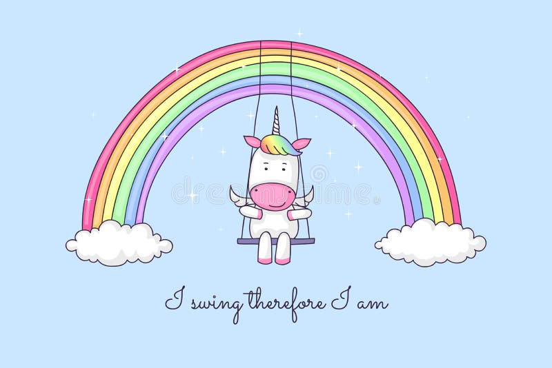 Licorne de bande dessinée balançant sur un arc-en-ciel illustration stock Licorne de bande dessinée balançant sur un arc-en-ciel illustration stock