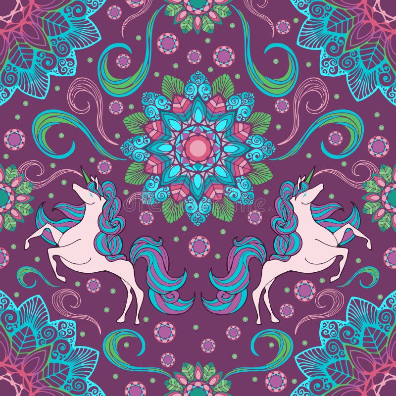 Unicorn and boho mandala flower with fantasy color seamless pattern with deep violet background. Unicorn and boho mandala flower with fantasy color seamless pattern with deep violet background