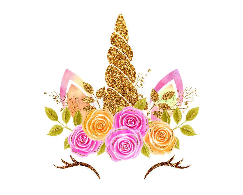 Licorne fantaisie avec or doré et scintillant corne et roses fleurs couronne fabuleux bébé poney mignon isolé sur blanc photographie stock libre de droits