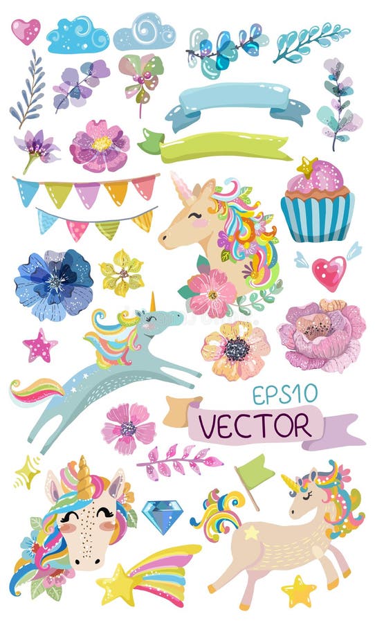 Licorne magique d'aquarelle mignonne avec des fleurs illustration stock Licorne magique d'aquarelle mignonne avec des fleurs illustration stock