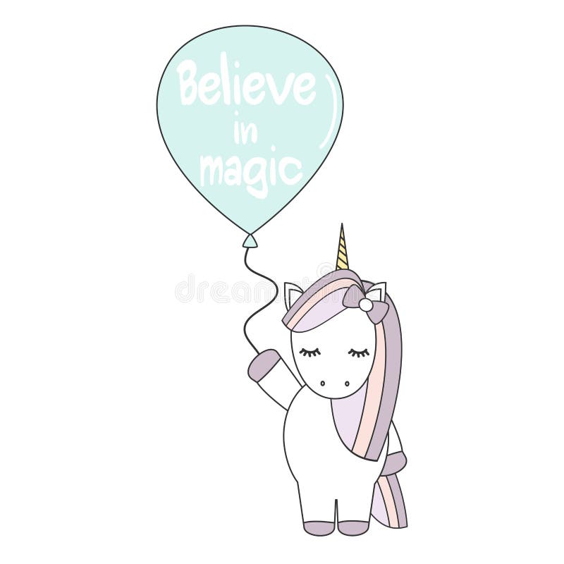 Licorne mignonne de vecteur de bande dessinée avec le ballon illustration stock Licorne mignonne de vecteur de bande dessinée avec le ballon illustration stock