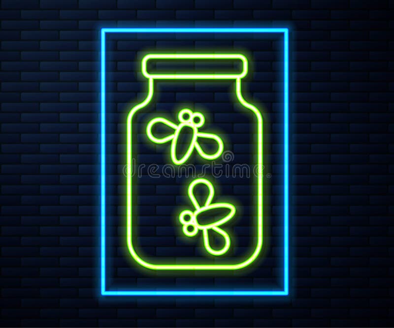 Licurici neon-line licurici bug-uri într-o pictogramă borcan izolată pe fundalul peretelui de cărămidă. vector royalty free illustration