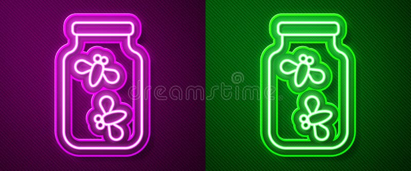 Licurici neon line luminează erorile dintr-o pictogramă de borcan izolată pe fond violet și verde. vector vector illustration